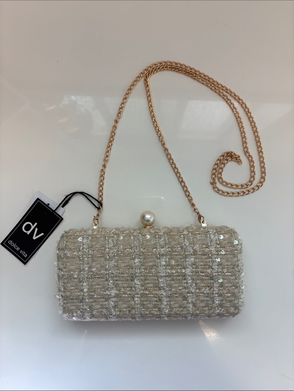 Dolce Vita Neutral Tweed Shoulder Bag with Pearl Accent